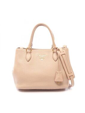 Prada Handbag Pink Beige Leather Metal Logo 2-Way Tote